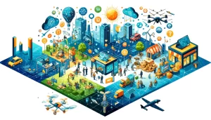 as 1737775371 DALL·E 2025 01 24 22.22.27 A visually creative illustration showcasing business ideas for 2025. The image features multiple interconnected concepts represented as icons and scen